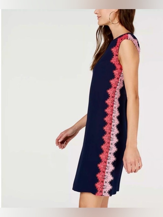 Trina Turk Dresses & Skirts - Trina Turk Navy Sheath Dress Pink Lace Trim Sleeveless Size 4